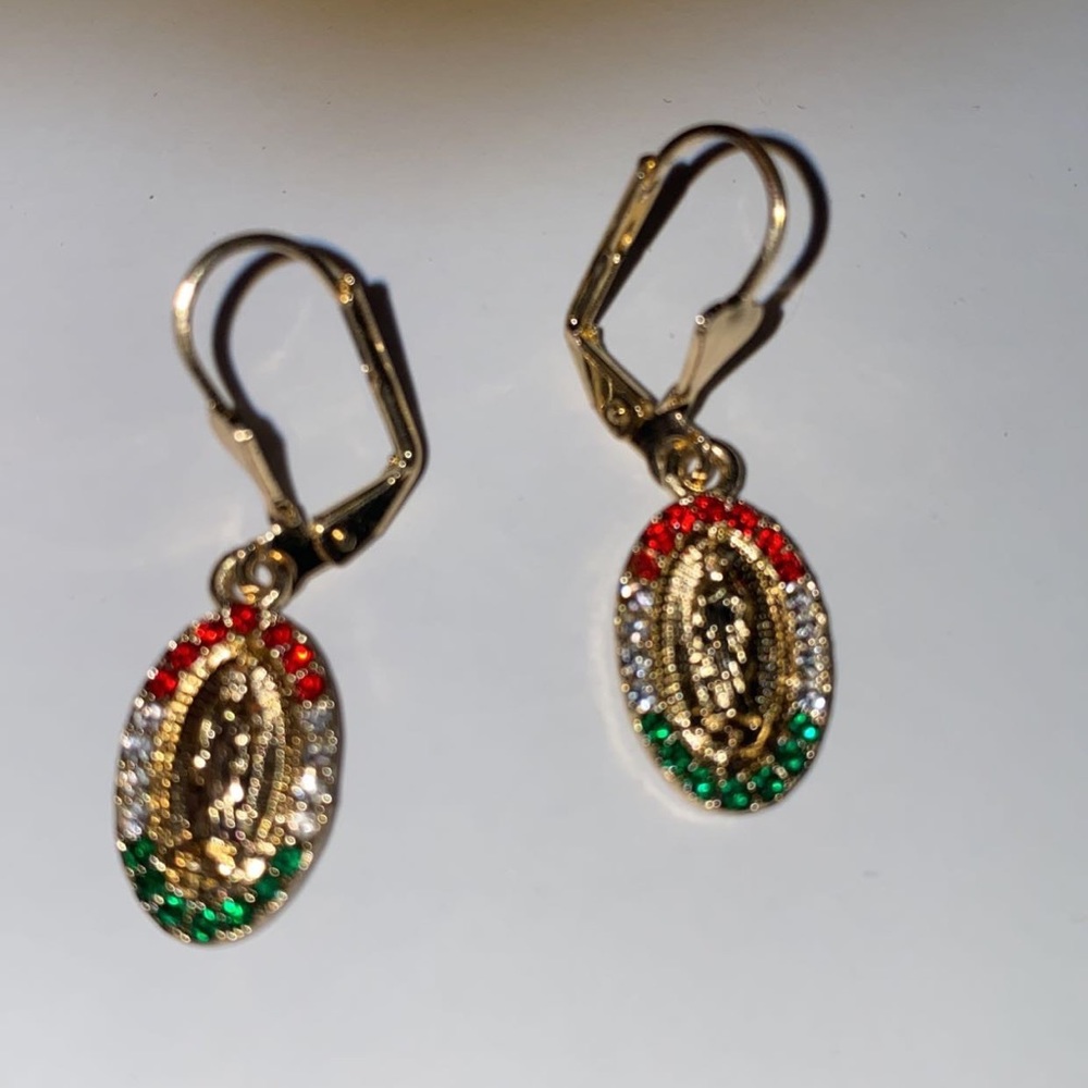 Gold filled Virgin Mary earrings red, white and green color